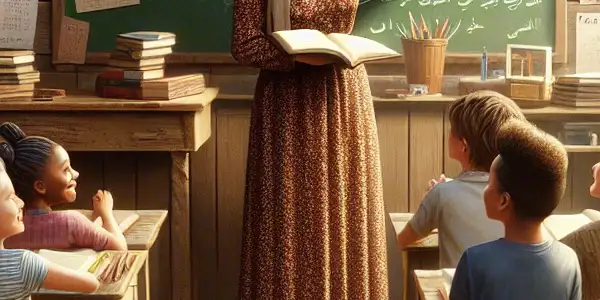 A dedicated female teacher in a cozy rural classroom, surrounded by diverse, eager students, writing in her diary.