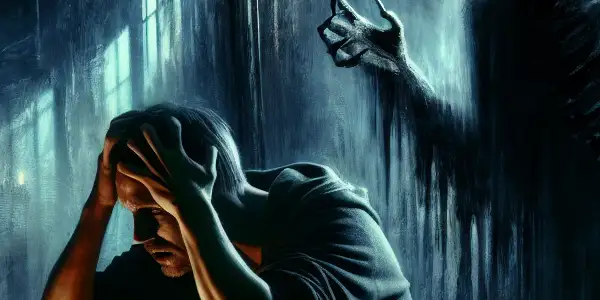 A distressed individual struggles with inner conflict in a shadowy room, while a menacing demon silhouette looms nearby.