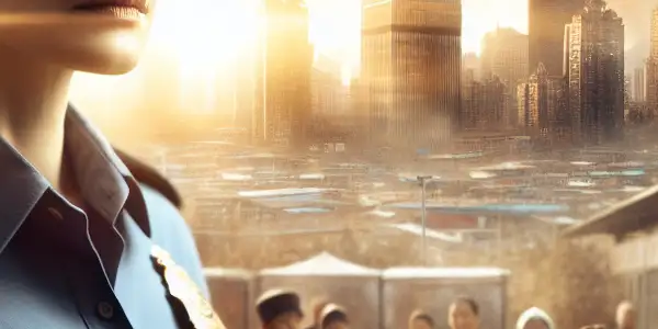 A determined female police chief stands confidently outside a police station, inspiring hope among citizens against a sunset backdrop.