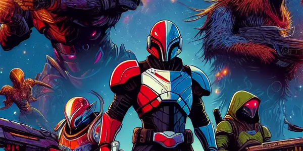 Ultraman and allies battle colorful monsters against Belial in a dramatic cosmic battlefield filled with energy and explosions.