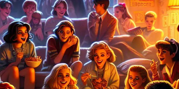 A lively girls' dorm room filled with colorful decor, diverse young women chatting, and hints of mystery.