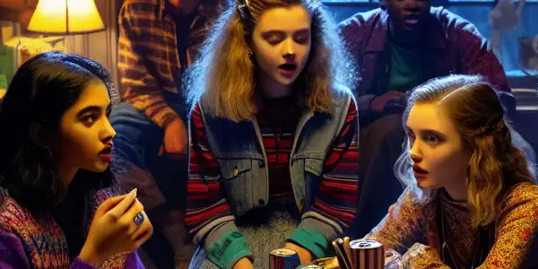 A diverse group of young women in a dimly lit dormitory, sharing snacks while one peers anxiously out the window.