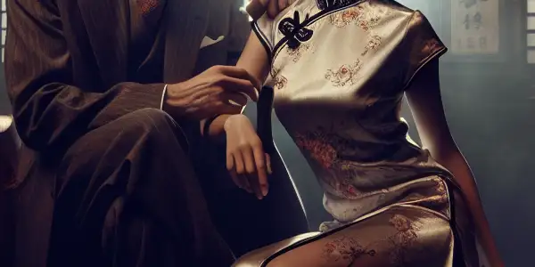 A tense conversation between a man in a suit and a woman in a cheongsam in a dimly lit 1940s Shanghai room.