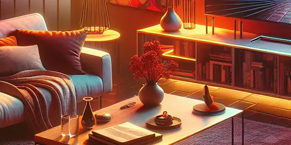 A cozy living room with a stylish sofa, high-definition TV, and tech gadgets for a discreet adult film viewing experience.