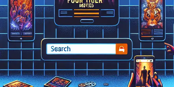 A diverse group of movie fans joyfully interacts with devices displaying vibrant movie posters on a sleek interface.