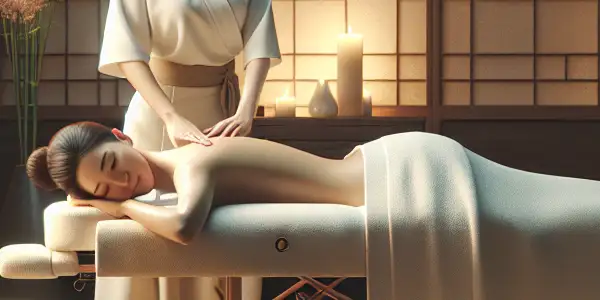 A serene massage room with a professional performing a traditional massage amidst elegant décor and calming colors.