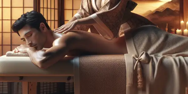 A serene Japanese spa scene featuring a masseuse in a kimono, a relaxed client, and calming decor.