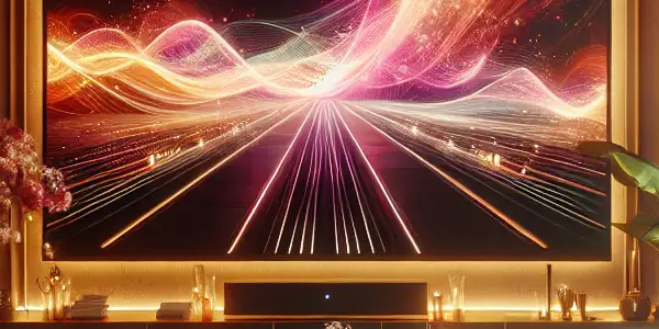 A cozy living room with a high-definition screen, plush furniture, and snacks, suggesting a modern viewing experience.