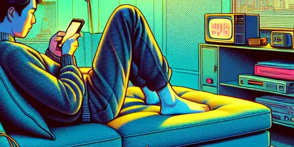 A cozy living room scene with a person enjoying an adult movie on a smartphone, surrounded by snacks and film memorabilia.