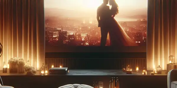 A luxurious home theater with a cozy sofa, projector screen, ambient lighting, and romantic decor for intimate viewing.