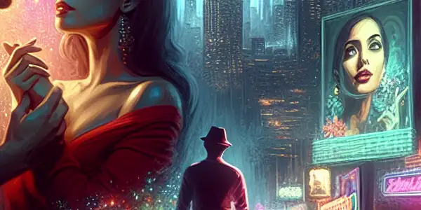A vibrant cityscape at night with two characters in a deep conversation, reflecting modern romance amidst neon lights.