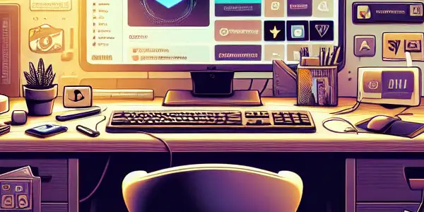 A modern workspace featuring a computer with a media player app and diverse adult film posters, promoting privacy and comfort.