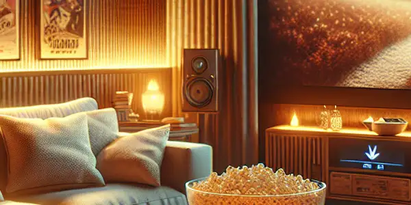 A cozy home cinema with plush seating, soft lighting, popcorn, and abstract visuals on the screen.